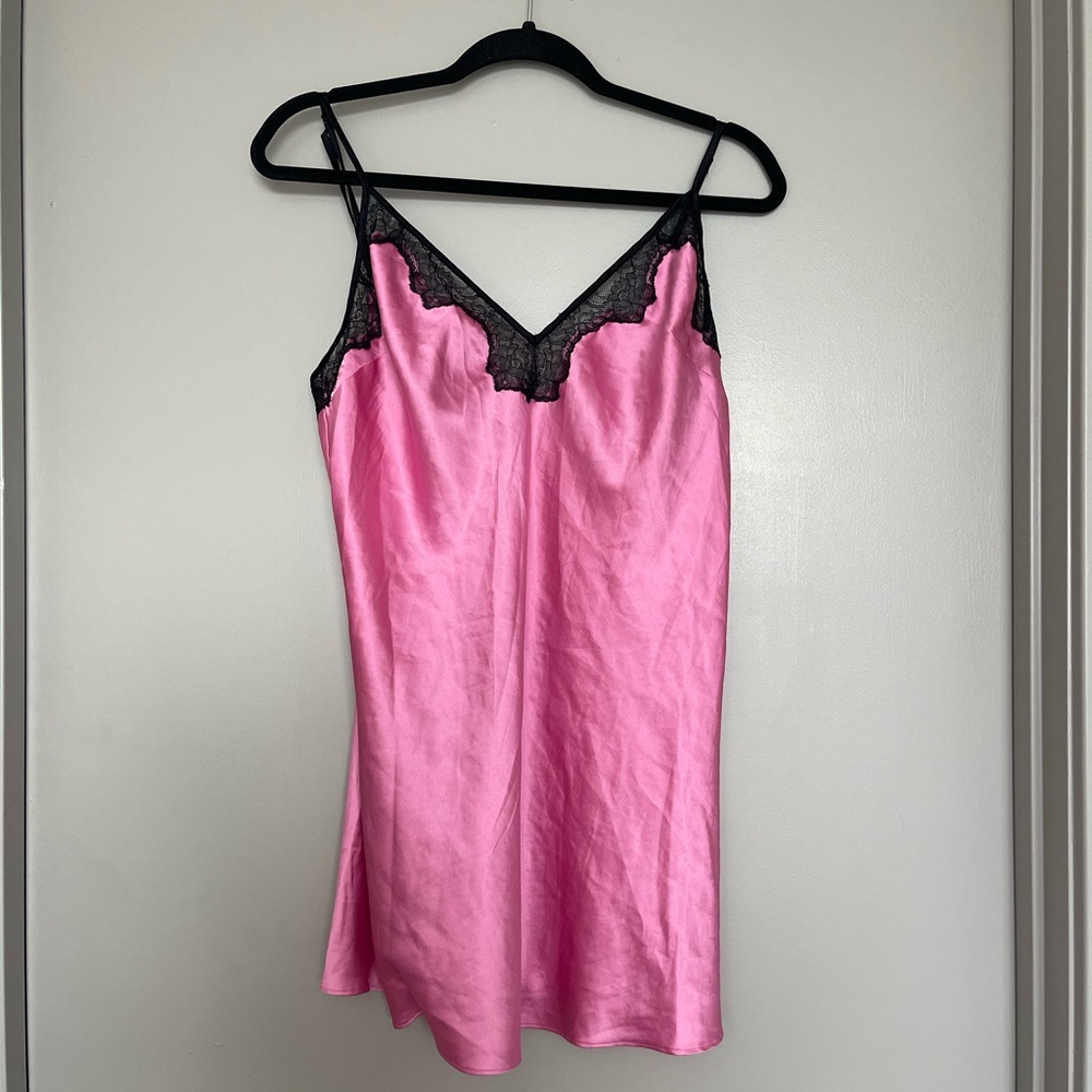 Victoria's Secret Pink Satin Slip with Black Lace Trim - Picture 2 of 6